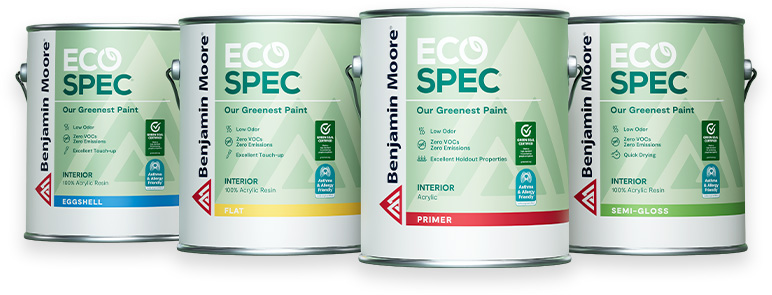 Four gallons of Eco Spec® Interior paint in eggshell, flat, primer, and semi-gloss.