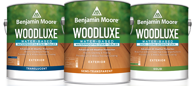 Three gallons of Benjamin Moore® Woodluxe® Exterior stains.