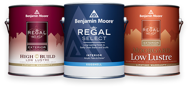 Gallons of Benjamin Moore Regal® Select Interior, Exterior MoorGard®, and Exterior High Build paint. 