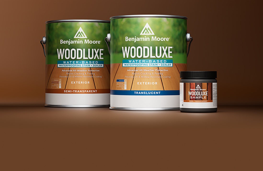 Two gallons of Benjamin Moore® Woodluxe® Exterior stains and an 8 oz. sample.