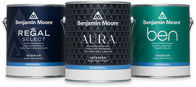Gallons of Benjamin Moore® Regal® Select, Aura®, and Ben® Interior paint.
