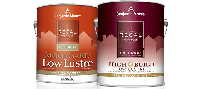 A gallon of Benjamin Moore® Regal® Select Exterior paint and a gallon of Regal® Select Exterior High Build paint.
